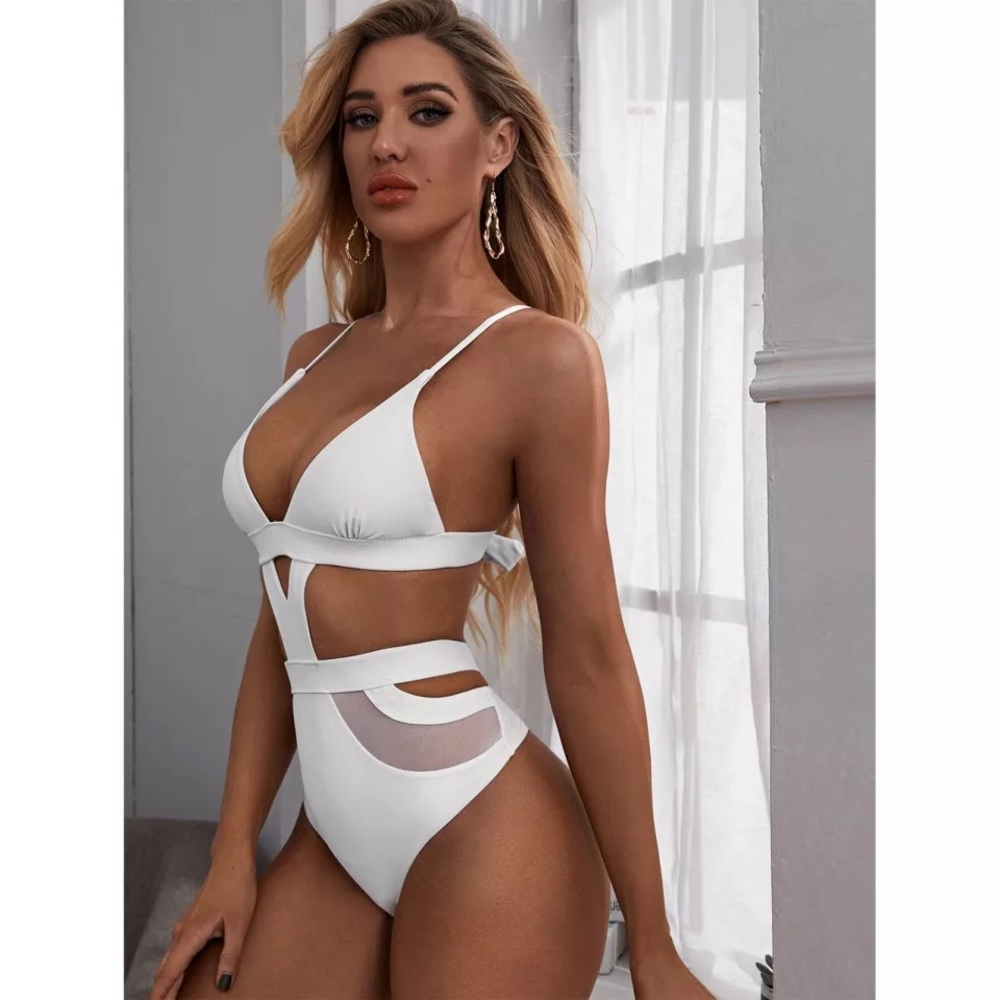 NWT cut out swimsuit XL M S white sexy monokini mesh high leg cage cut out mesh - Picture 4 of 8